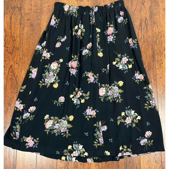 Vintage Sag Harbor Black Rayon Floral Rose Print Midi Skirt S/M Whimsy Goth - Picture 5 of 6